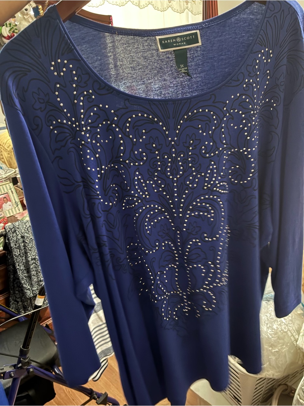 Karen Scott Navy Long Sleeve Scoop Neck Top with Stud Embellishment